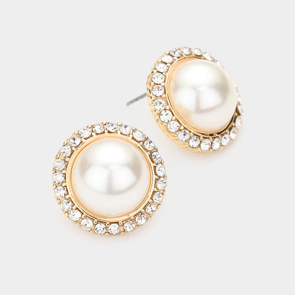 Rhinestone Trimmed Cream Pearl Stud Bridal Earrings on Gold | Wedding Earrings