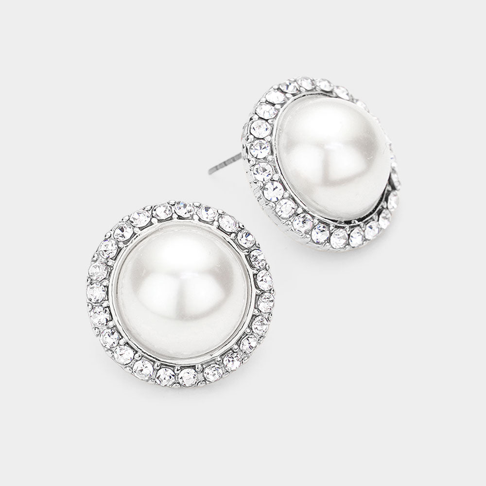 Rhinestone Trimmed White Pearl Stud Bridal Earrings Silver |  Wedding Earrings