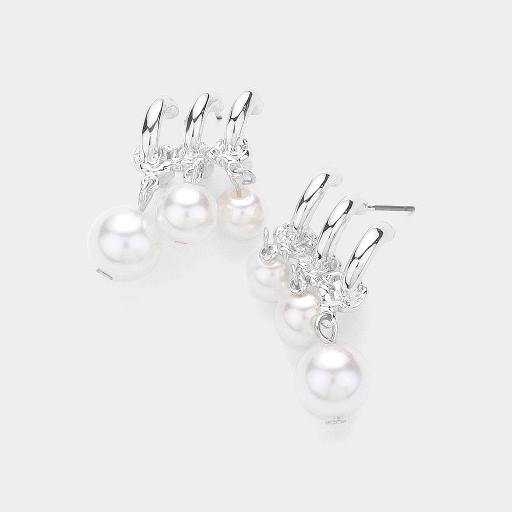 Triple White Pearl Abstract Bridal Earrings | Wedding Jewelry