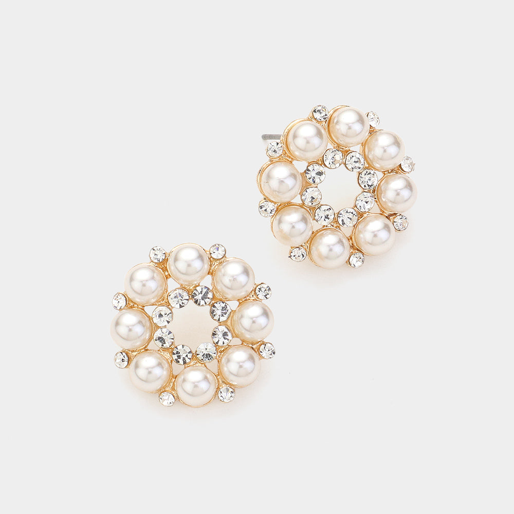 Round Stone and Cream Pearl Flower Stud Earrings on Gold| Wedding Jewelry