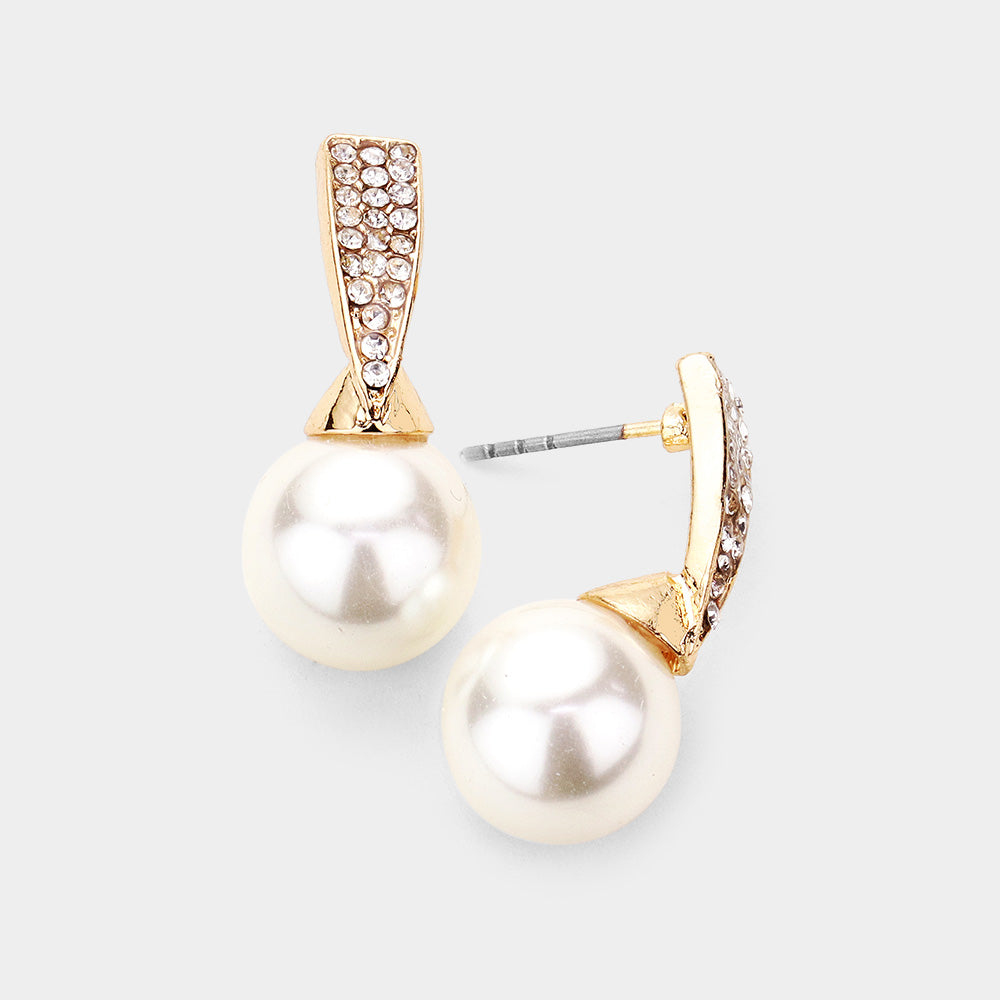 Rhinestone Embellished Cream Pearl Wedding Earrings on Gold | Bridal Jewelry