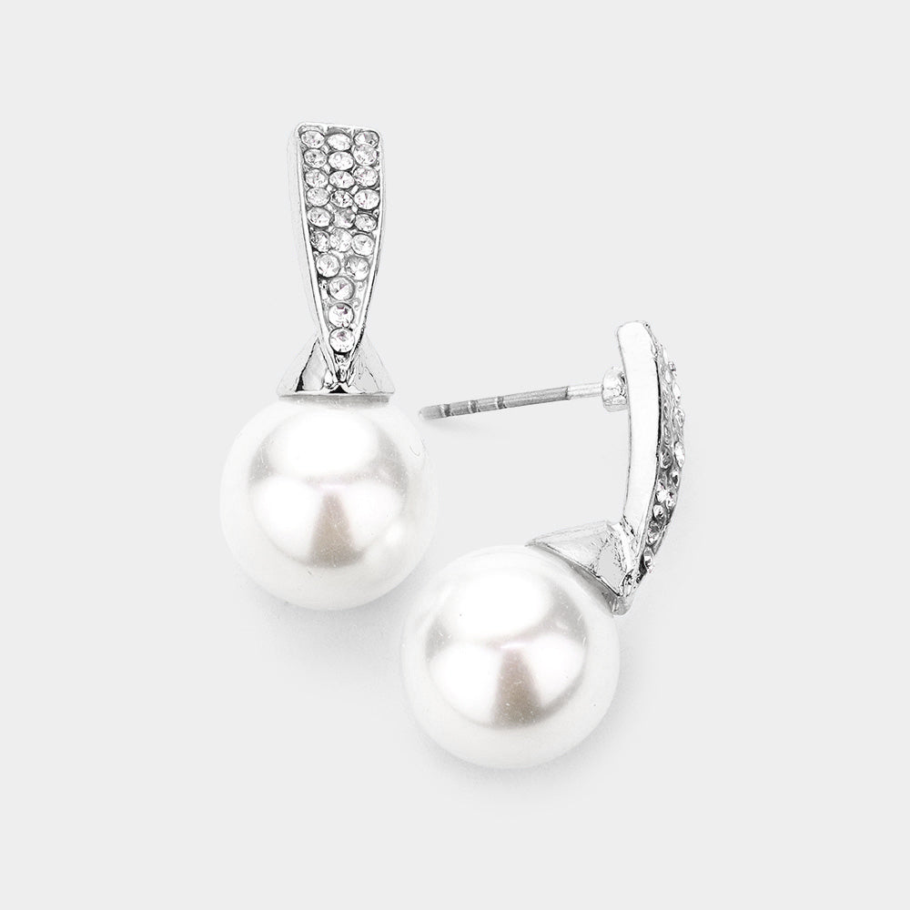Rhinestone Embellished White Pearl Wedding Earrings | Bridal Jewelry