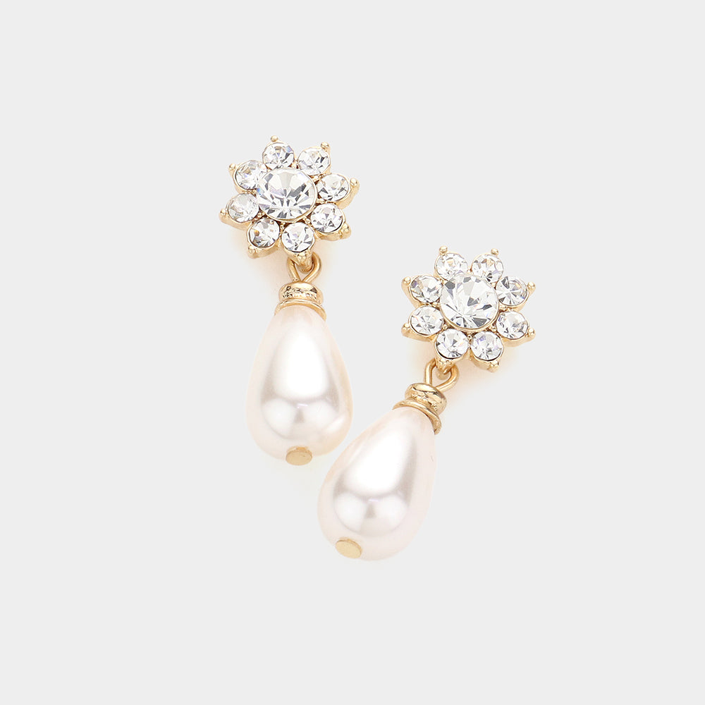 Small Cream Pearl and Rhinestone Dangle Wedding Earrings | Bridal Earrings
