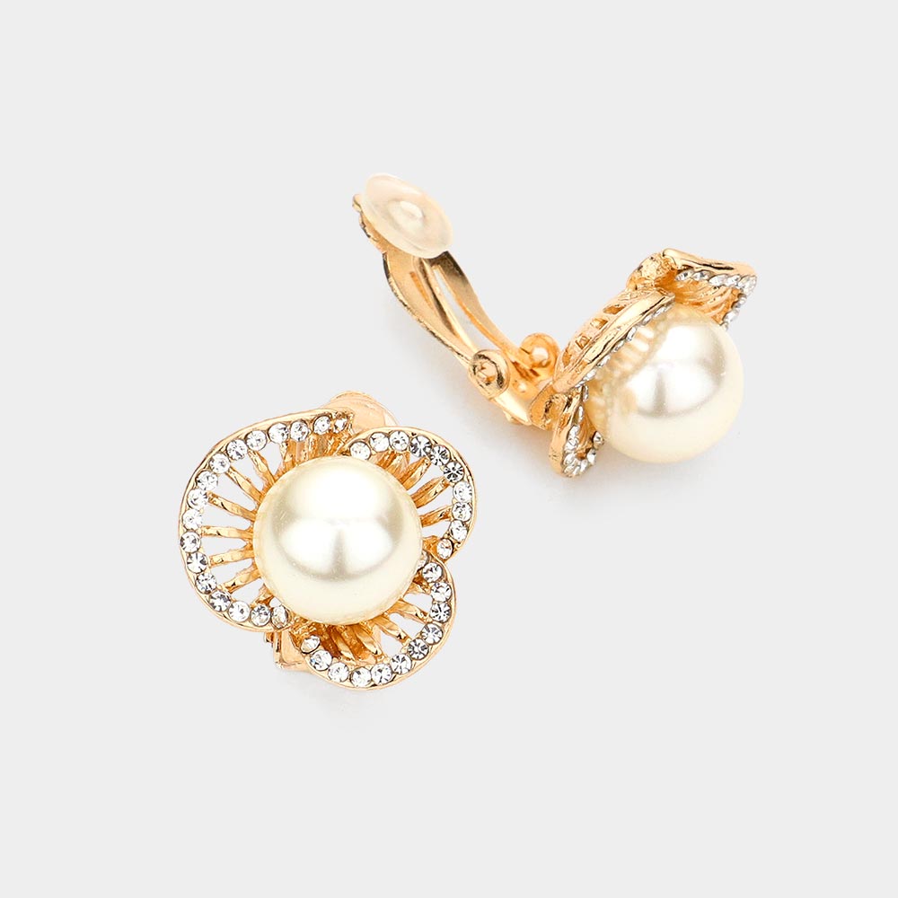 Cream Pearl on Gold Swirl Bridal Clip On Earrings | Wedding Earrings