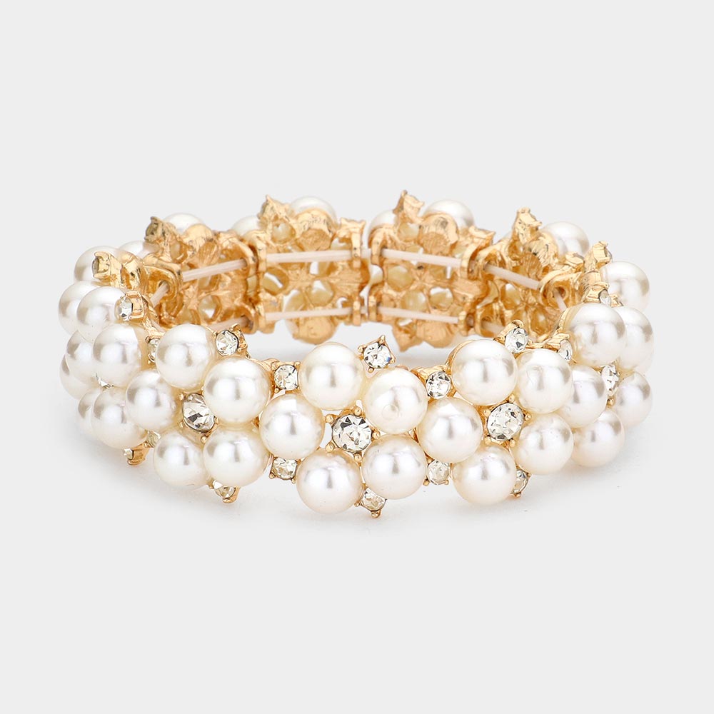 Cream Pearl and Rhinestone Stretch Bridal Bracelet on Gold | Wedding Bracelet