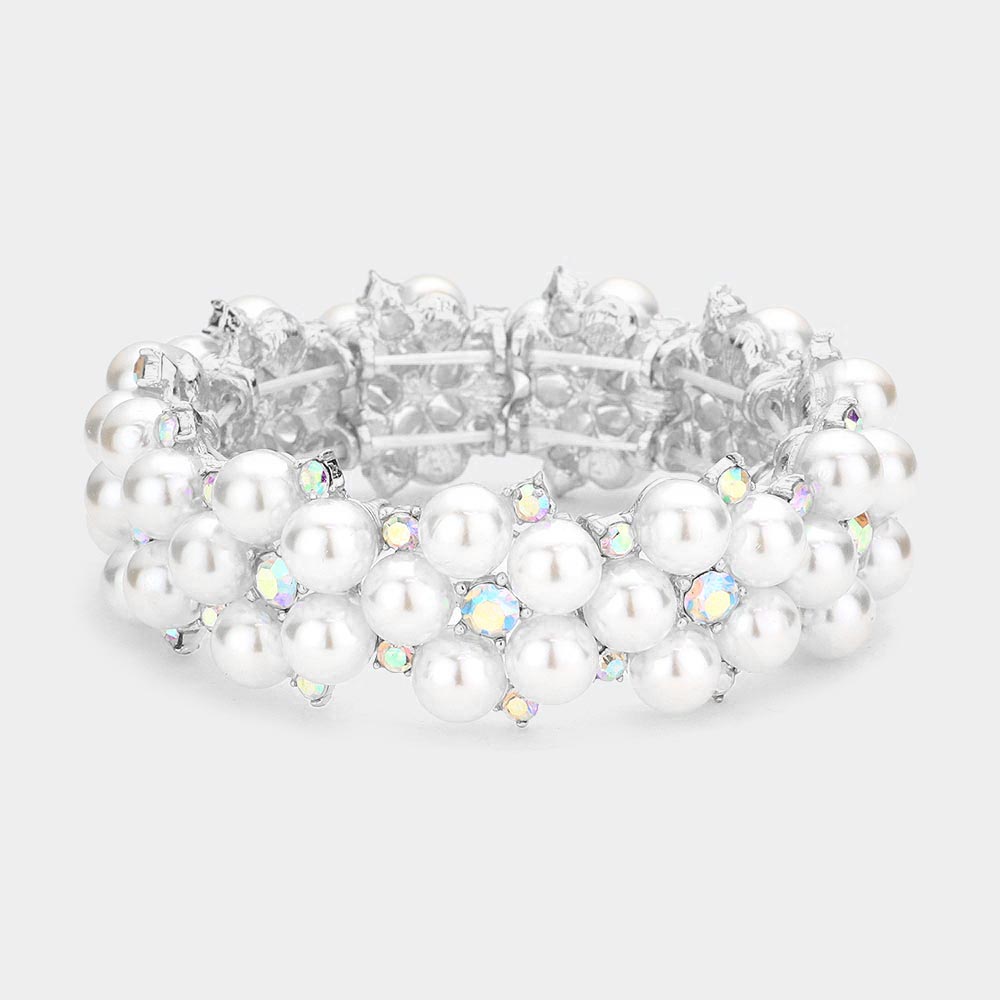 White Pearl and AB Rhinestone Stretch Bridal Bracelet | Wedding Bracelet