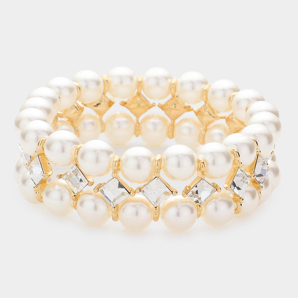Elegant Square Stone Cream Pearl Accented Bridal Stretch Bracelet | Wedding Jewelry