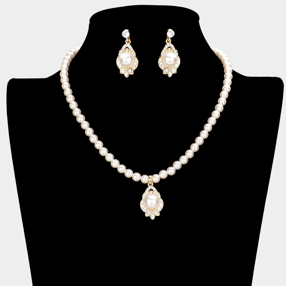 Cream Pearl with Rhinestones Pendant Necklace Set | Wedding Jewelry  |  581532