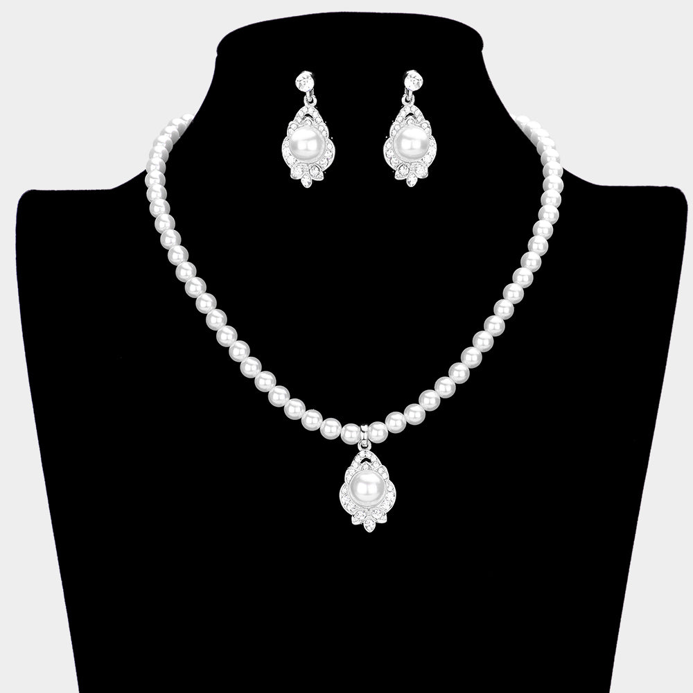 White Pearl with Rhinestones Pendant Necklace Set | Wedding Jewelry
