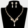 Rhinestone and Teardrop Pearl Bridal Necklace Set on Gold| Wedding Jewelry