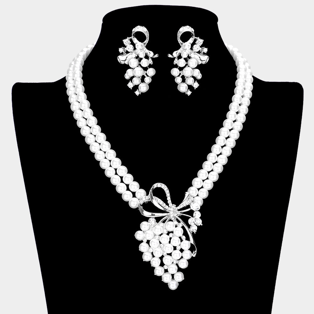 White Pearls and Bows Wedding Necklace Set | Bridal Jewelry