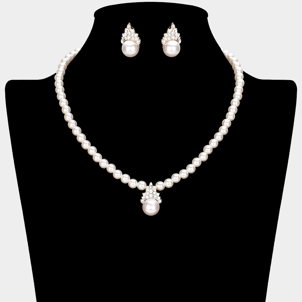 Cream Pearl and Rhinestone Pendant Wedding Necklace Set on Gold  Bridal Jewelry