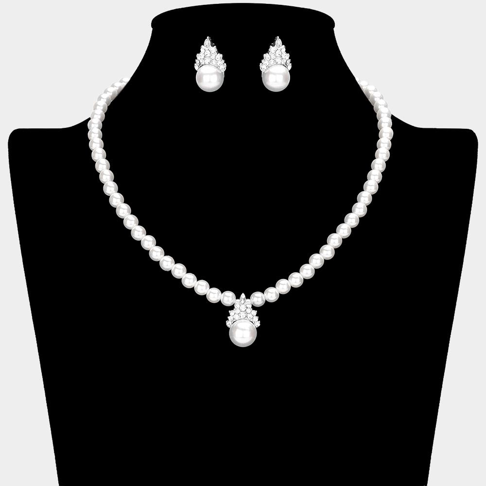 White Pearl and Rhinestone Pendant Wedding Necklace Set | Bridal Jewelry
