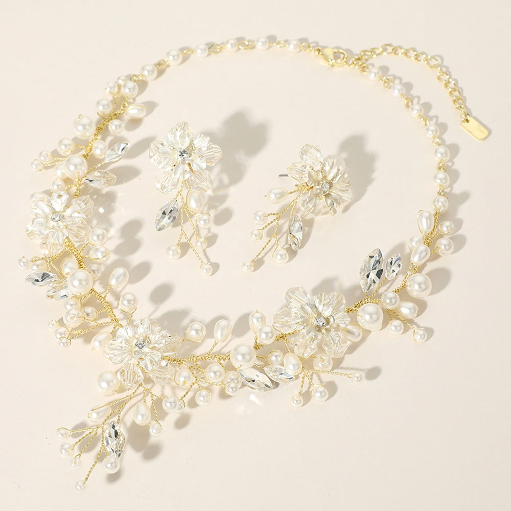 Wired Metal Floral and Cream Pearl Wedding Necklace Set on Gold | Bridal Jewelry