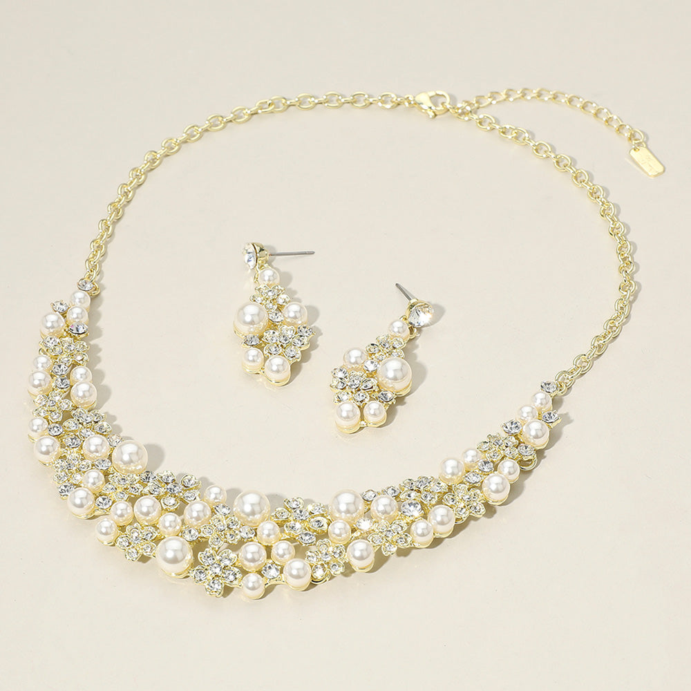 Cream Pearl Embellished Bridal Collar Necklace Set on Gold | Wedding Jewelry