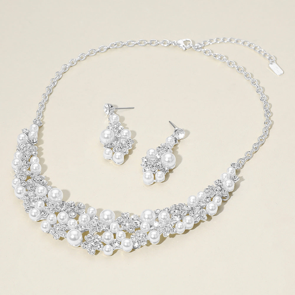 White Pearl Embellished Bridal Collar Necklace Set | Wedding Jewelry