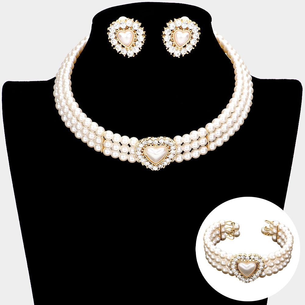Cream Pearl 3-Row Choker Bridal Necklace Set with clip on earrings and matching bracelet on a black mannequin bust