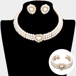 Cream Pearl 3-Row Choker Bridal Necklace Set with clip on earrings and matching bracelet on a black mannequin bust