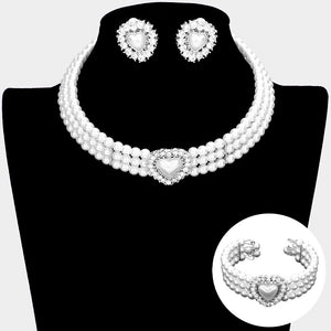 White Pearl 3-Row Choker Bridal Necklace Set with matching bracelet and clip on earrings with white pearl center heart on a black mannequin bust