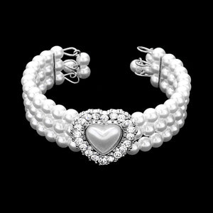 White Pearl 3-Row matching bracelet  with white pearl center heart on a black background
