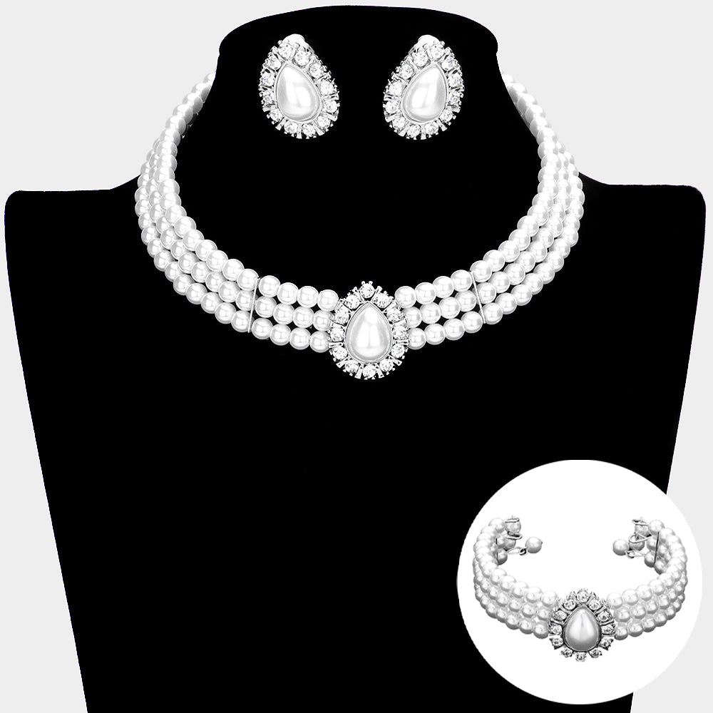 White Pearl 3-Row Choker Bridal Necklace Set with clip on earrings and matching bracelet with a large teardrop white pearl as a center decor on a black mannequin bust