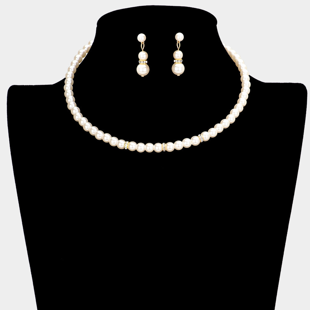 Crystal detail Cream pearl strand choker necklace on Gold