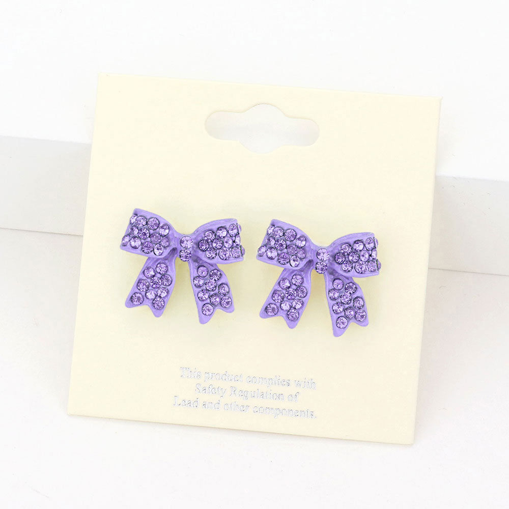 Purple Crystal Rhinestone Bow Stud Earrings