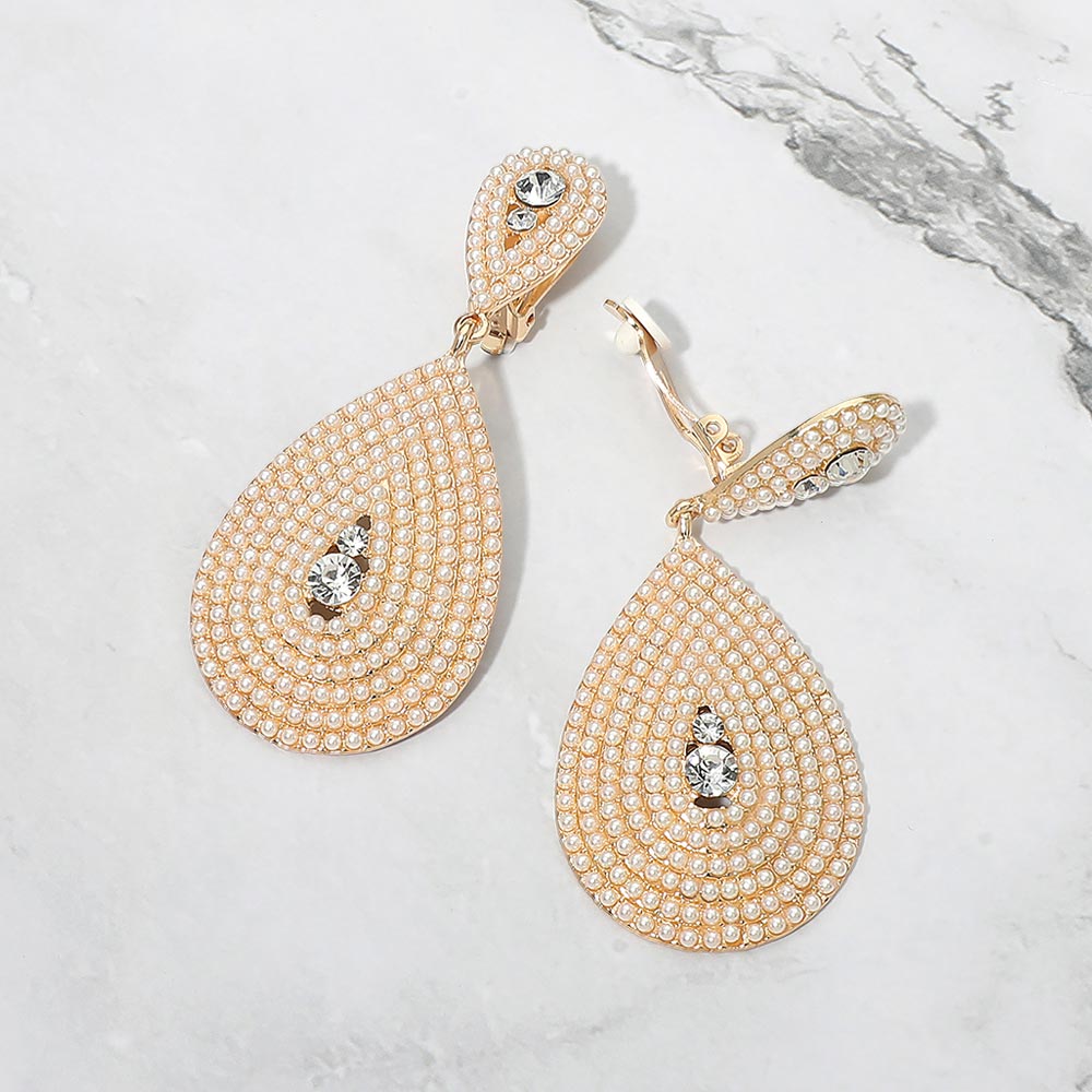 Pageant/Bridal Earrings | Large Cream Pearl Drop Earrings on Gold | Clip On | 695125