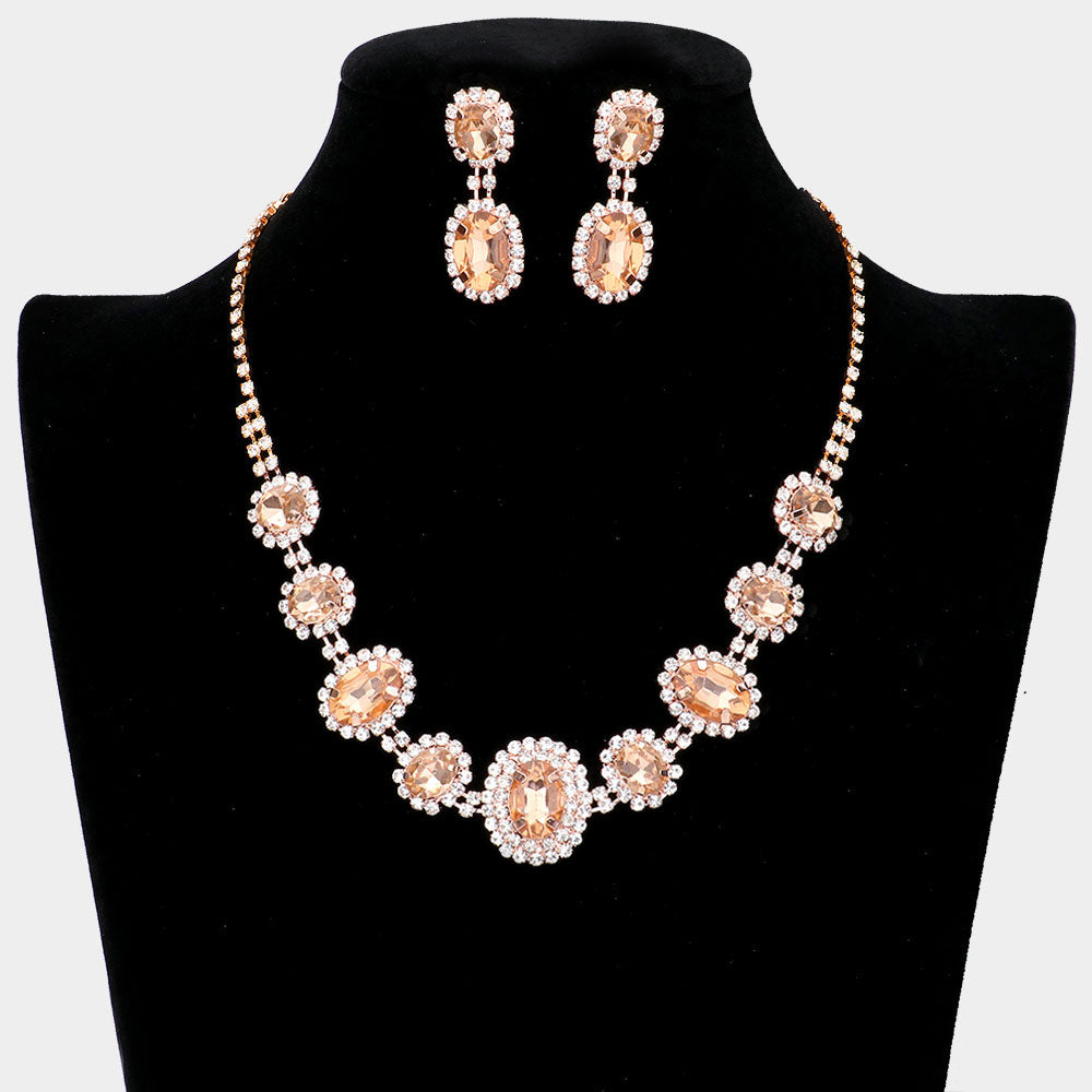Pave Trim Peach Rhinestone Necklace and Earrings on Rose Gold | 551235