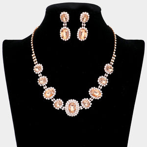 Pave Trim Peach Rhinestone Necklace and Earrings on Rose Gold | 551235