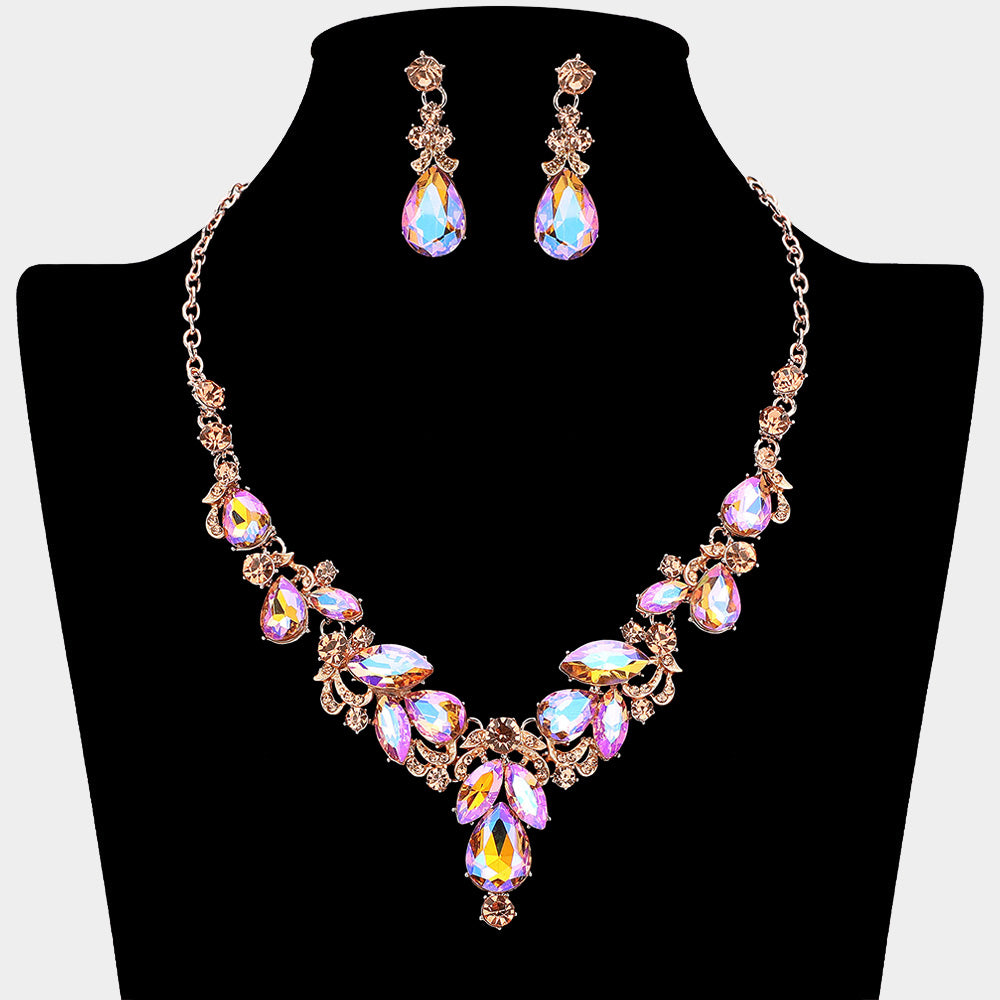 Peach AB Marquise Stone Cluster Necklace on Gold | Teardrop Accent Rhinestone Design for Pageant, Prom & Homecoming |   673051