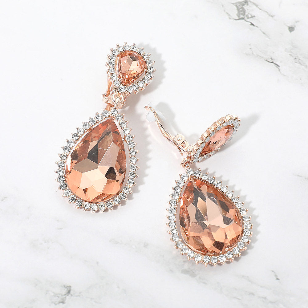 Peach Crystal with Rhinestone Trim Clip On Earrings on Rose Gold | 690552