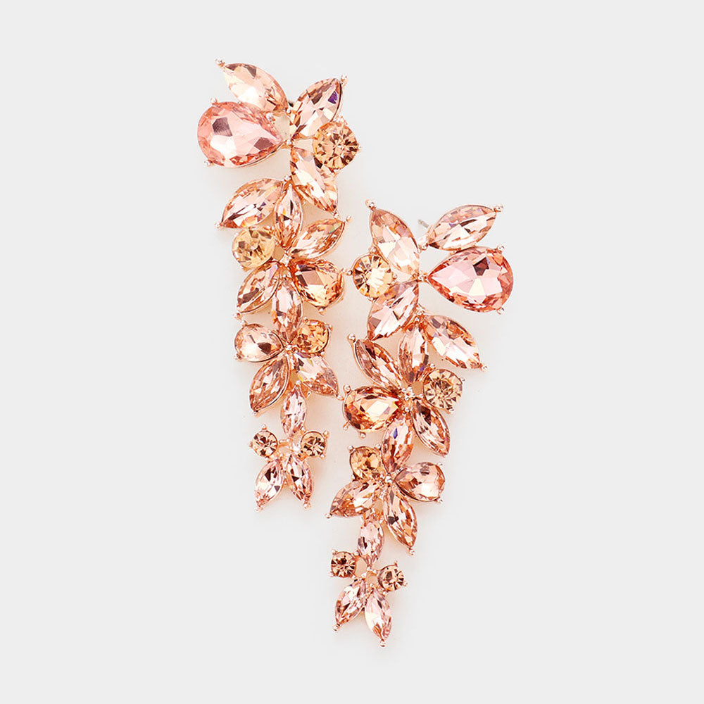 Peach floral multi stone drop earrings on rose gold with layered crystal cluster design, 3 inch statement earrings on a white background