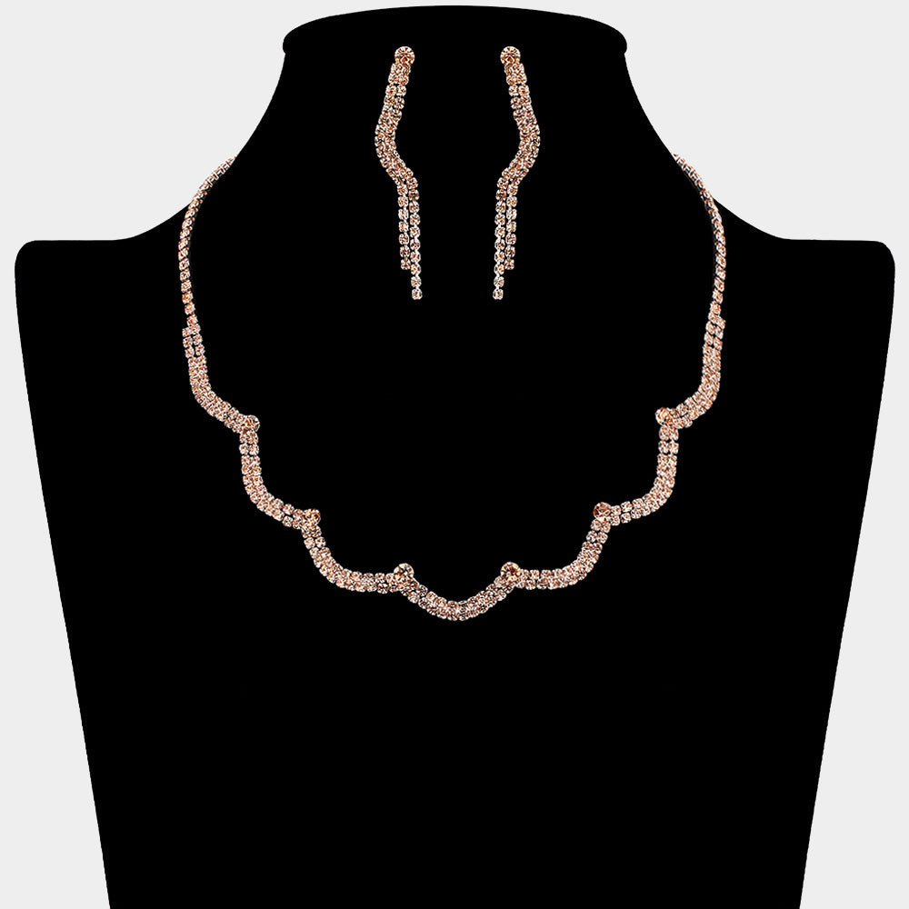 Peach Rhinestone Necklace Set on Rose Gold – Elegant Curved Crystal Jewelry for Prom, Homecoming & Special Events |  673072