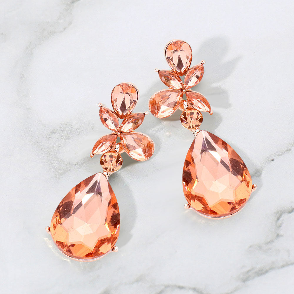 Peach Teardrop Crystal Dangle Statement Earrings on Rose Gold  – Elegant Rhinestone Jewelry for Evening & Special Occasions|  513990