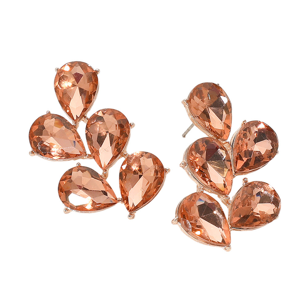 Peach Teardrop Stone Cluster Earrings backed in rose gold on a white background