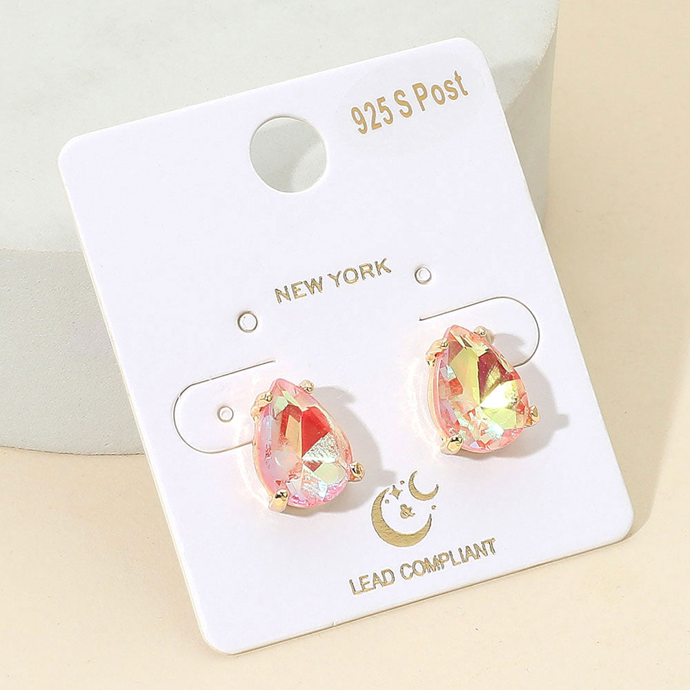 Pair of Pink AB  teardrop earrings on a 'New York' branded card.