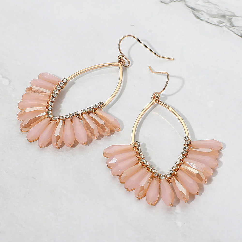 Pink Faceted Beaded Open Marquise Fan Dangle Earrings