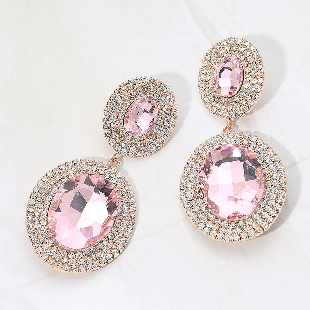 Pink Crystal Bold Double Oval Halo Drop Earrings – 2.8" Crystal Evening Statement Earrings |  683517