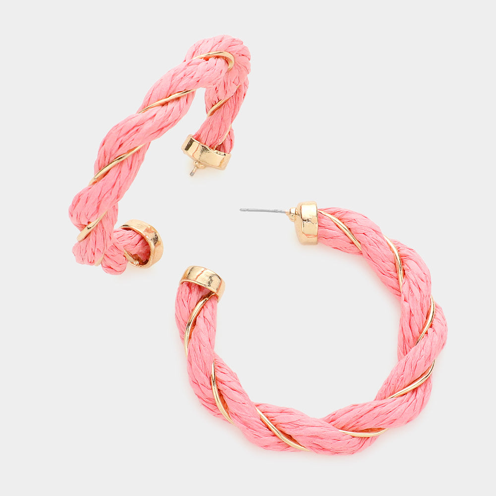 Pink Braided with Raffaia and Gold wire half hoop earrings on a white background 2.3"