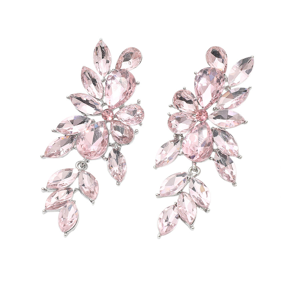Pink crystal marquise statement earrings on silver with a cascading arrangement of faceted marquise stones, displayed on a white background.