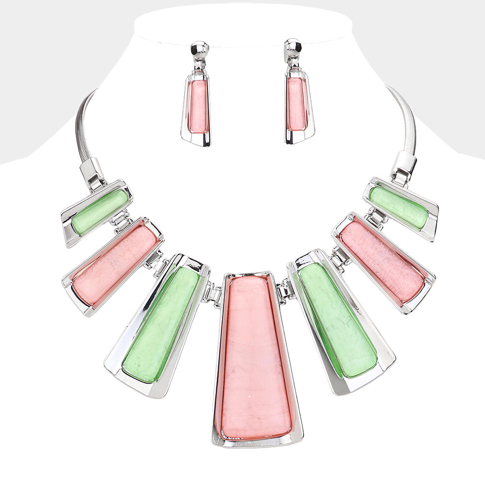 Pink & Green Enamel Bar Metal statement necklace with matching earrings on a white mannequin bust