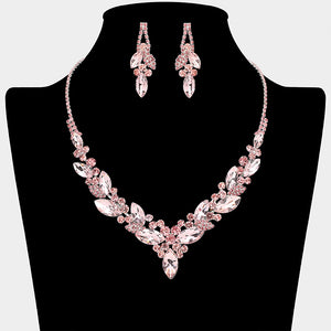 Pink marquise crystal cluster necklace set with matching earrings on silver backing for prom and evening wear on a black mannequin bust on a white background