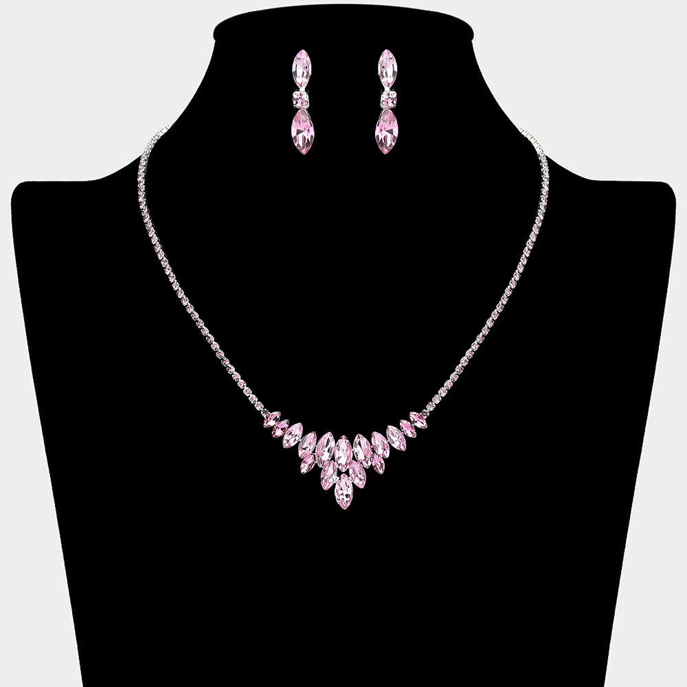 Pink Crystal Cluster Statement Necklace with matching earrings – Sparkling Rhinestone Embellished Jewelry. Shown here on a black mannequin bust. 