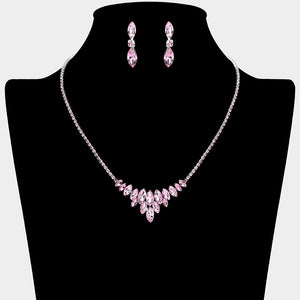 Pink Crystal Cluster Statement Necklace with matching earrings – Sparkling Rhinestone Embellished Jewelry. Shown here on a black mannequin bust. 