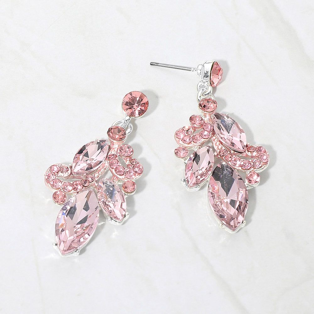 Pink marquise stone cluster prom, beauty walk and formal drop earrings on silver on white background