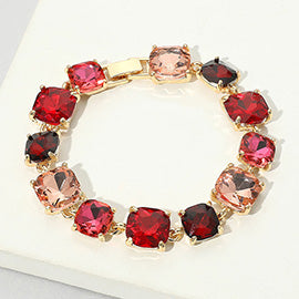 Pink Multi Color Cushion Square Stone Link Bracelet Gold Backed on a white background