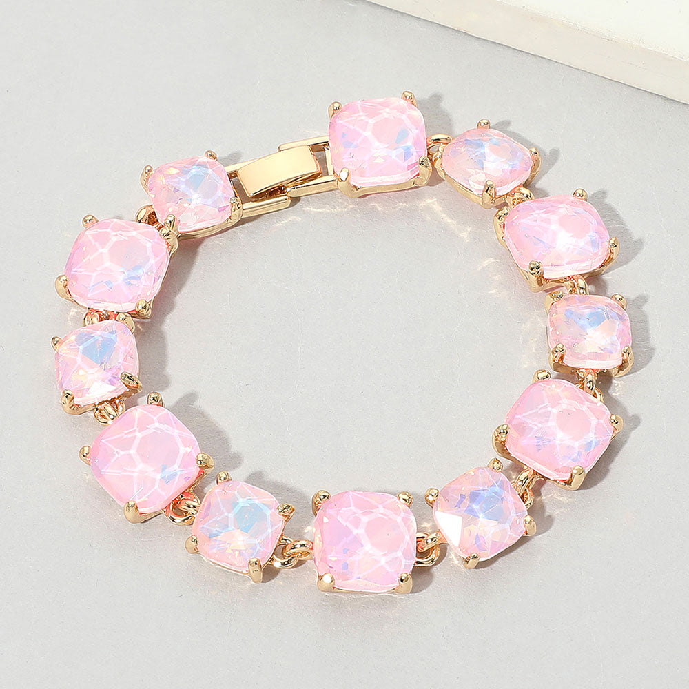 Pink Opal Cushion Square Stone Link Evening on Gold-Pageant-Prom-Special Occasion