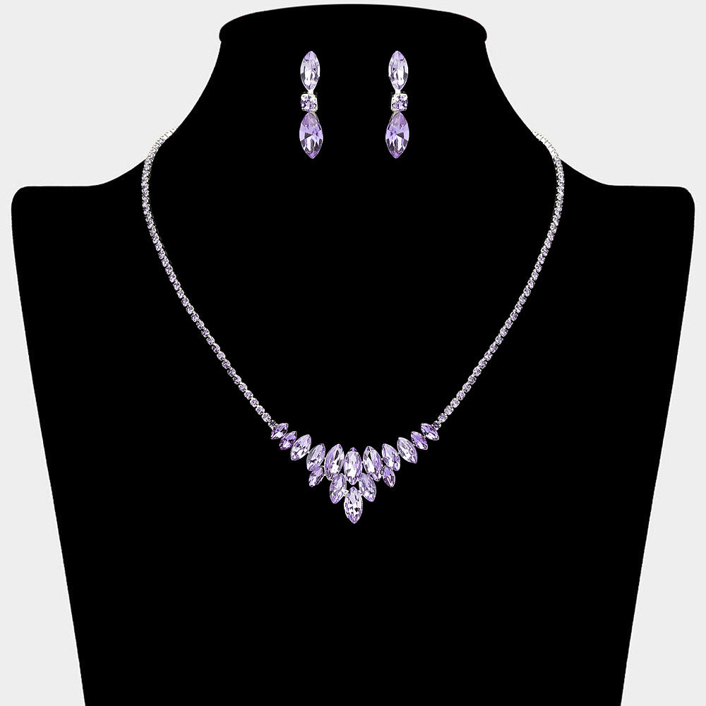 Purple / Amethyst / Lavender tones - Crystal Cluster Statement Necklace with matching earrings – Sparkling Rhinestone Embellished Jewelry. Shown here on a black mannequin bust. 