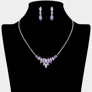 Purple / Amethyst / Lavender tones - Crystal Cluster Statement Necklace with matching earrings – Sparkling Rhinestone Embellished Jewelry. Shown here on a black mannequin bust. 